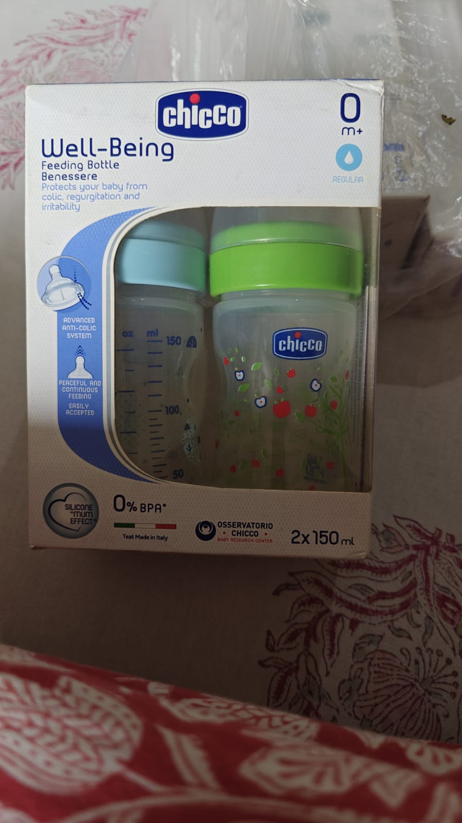 Brand New Chicco Wellbeing Feeding Bottle - 250 ml (Multicolor)