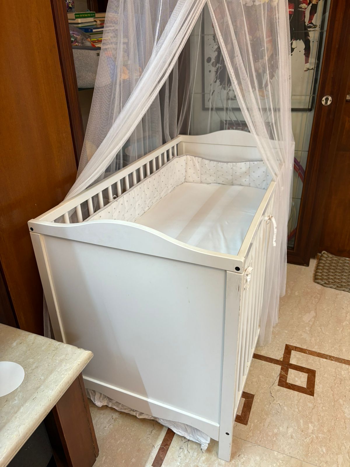 Ikea Baby Cot with Mattress, Bumper & Mosquito Net
