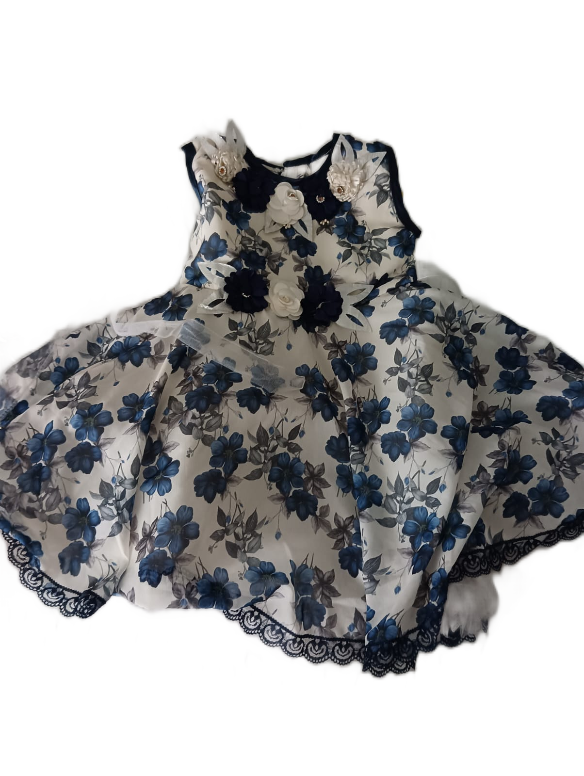 Elegant Floral Print Frock with 3D Flower Applique for Baby Girl