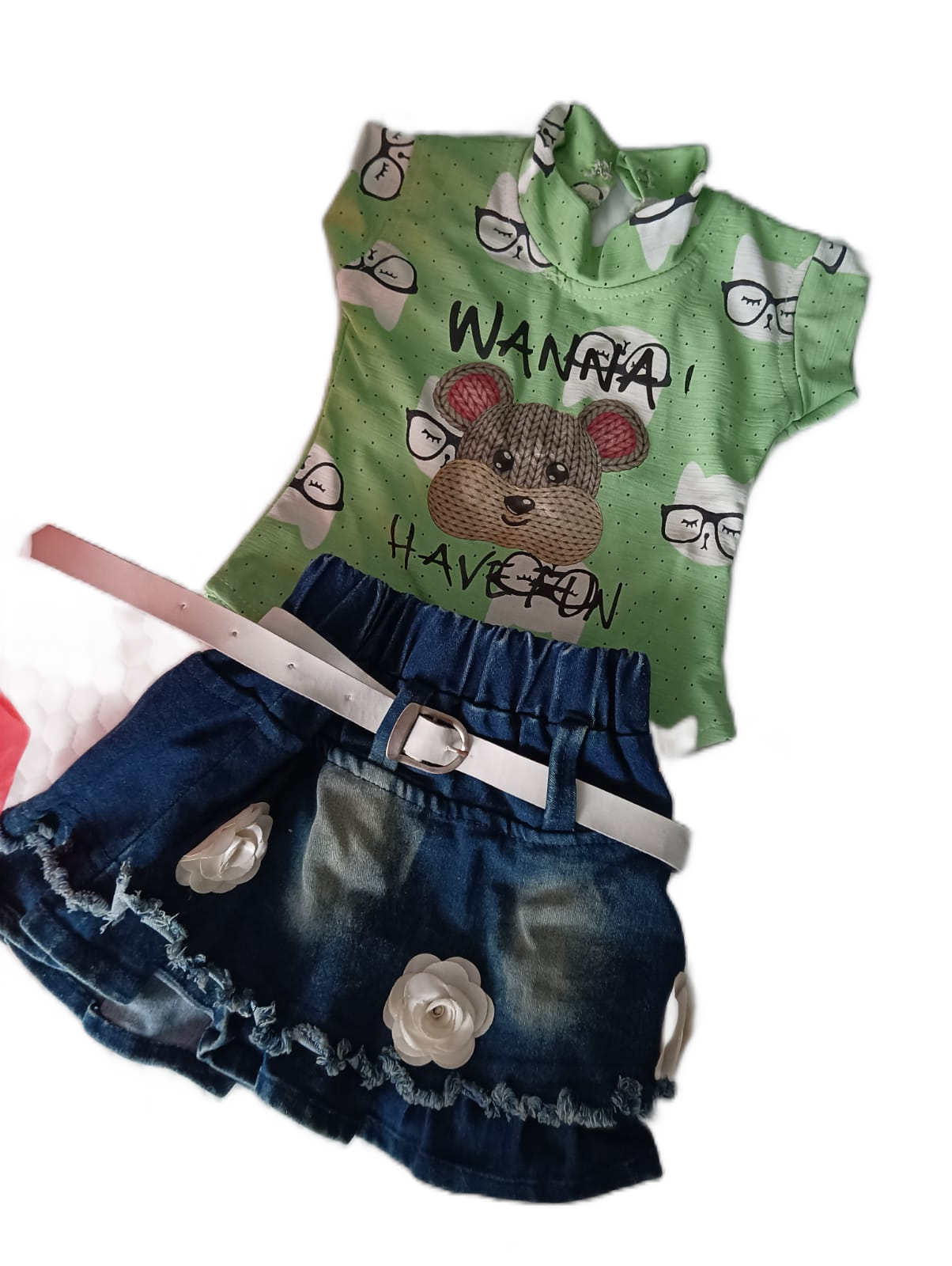 Trendy Jeans Skirt with Printed Tee for Baby Girl