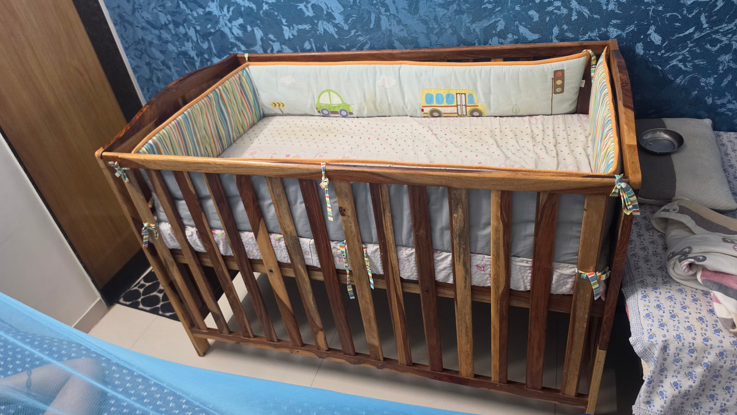 Wakefit 3-in-1 Baby Cot | 1 Year Warranty | Baby Crib, Wooden Cradle for Baby, 2-Level Height Adjustable - Megatron (Natural Sheesham, Crib Convertible to Kids' Bed)