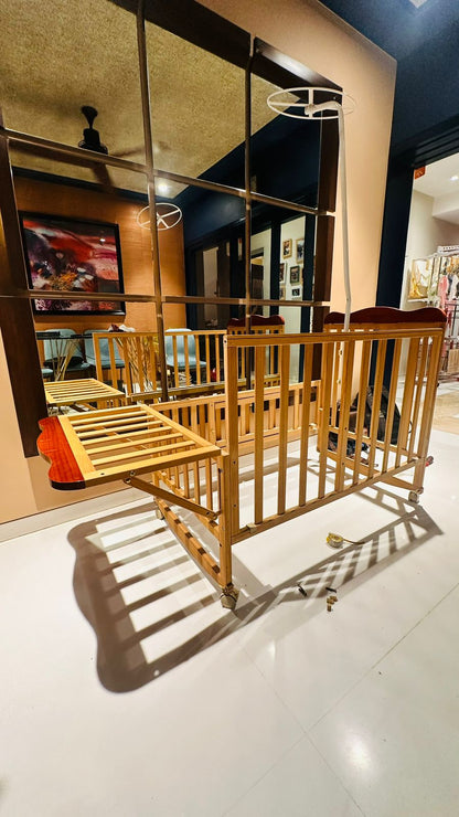 Mee Mee Premium Wooden Baby Cot (Mattress + Mosquito Net)