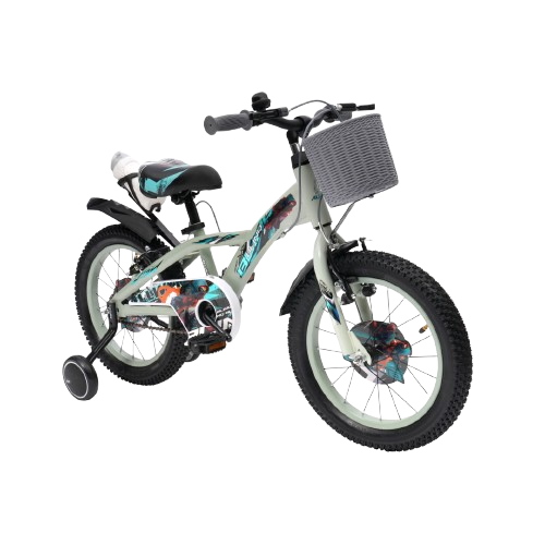 Light green Allwyn 16T or 20T kids' bicycle with training wheels and a front basket, Cycle