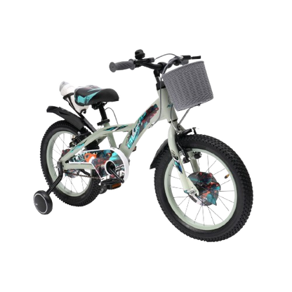 Light green Allwyn 16T or 20T kids' bicycle with training wheels and a front basket, Cycle