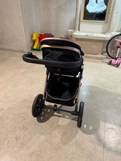 StarAndDaisy EasyGo Premium Baby Strollers Prams with Reversible Bassinet Design, High Landscape Seat, One-push Folding, Powerful Shock Absorption Wheels (Black with Golden Tubes)
