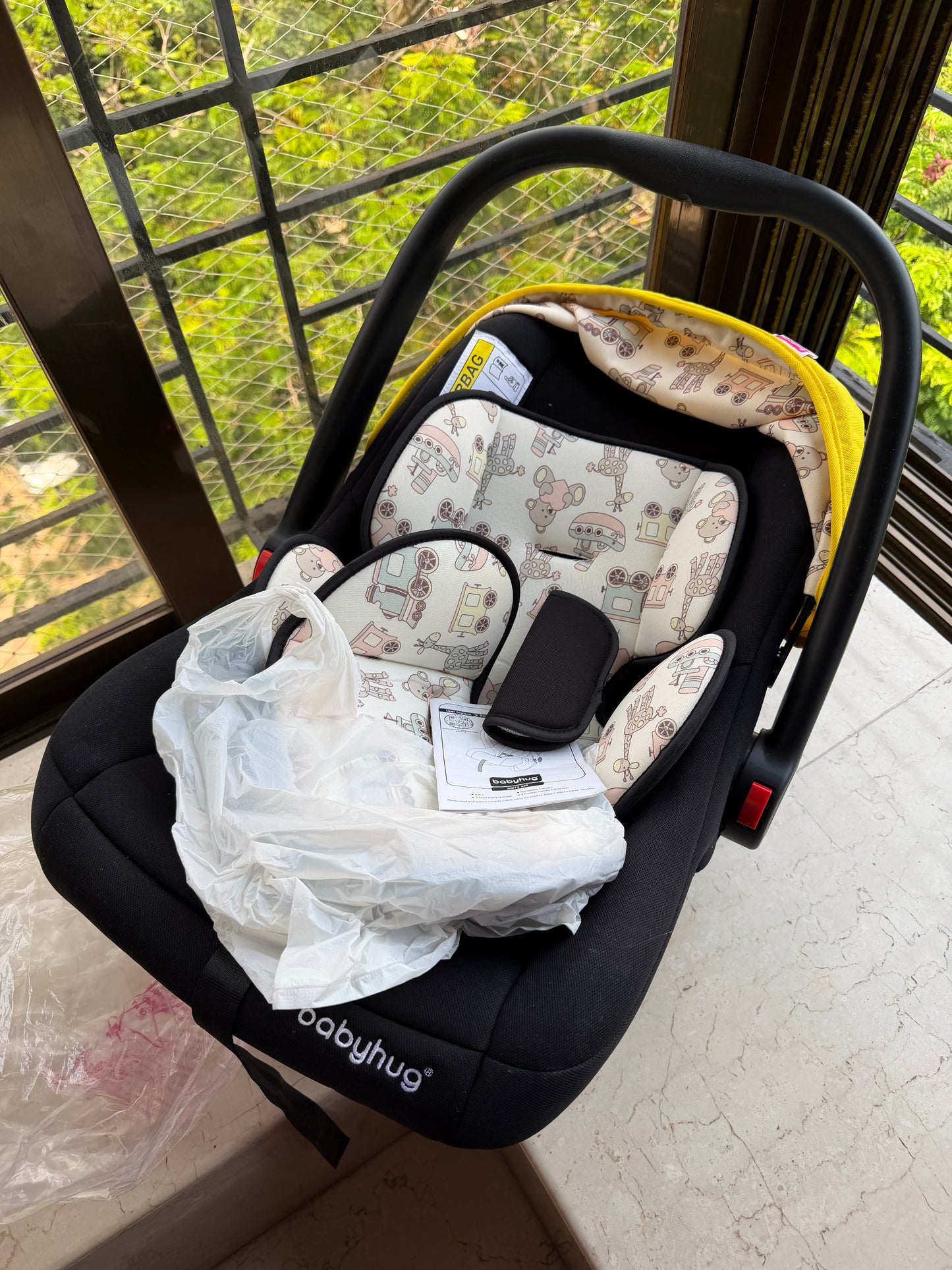 Babyhug Amber Ace Car Seat Cum Carry Cot With Mosquito Net with 1 Year Warranty - Yellow| Rocker & Feeding Chair| Adjustable Handle Position| Safety Harness| Removable Canopy & Mosquito Net| Soft Padded Cushion| Removable & Washable Seat Cover