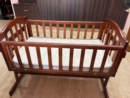 Babyhug Joy Plus Cradle with Mosquito Net Walnut| Solid Pinewood| Sturdy Construct| Easy to Assemble| Swing Lock with Mattress