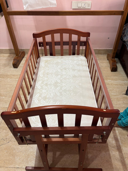 Babyhug Joy Plus Cradle with Mosquito Net Walnut| Solid Pinewood| Sturdy Construct| Easy to Assemble| Swing Lock with Mattress