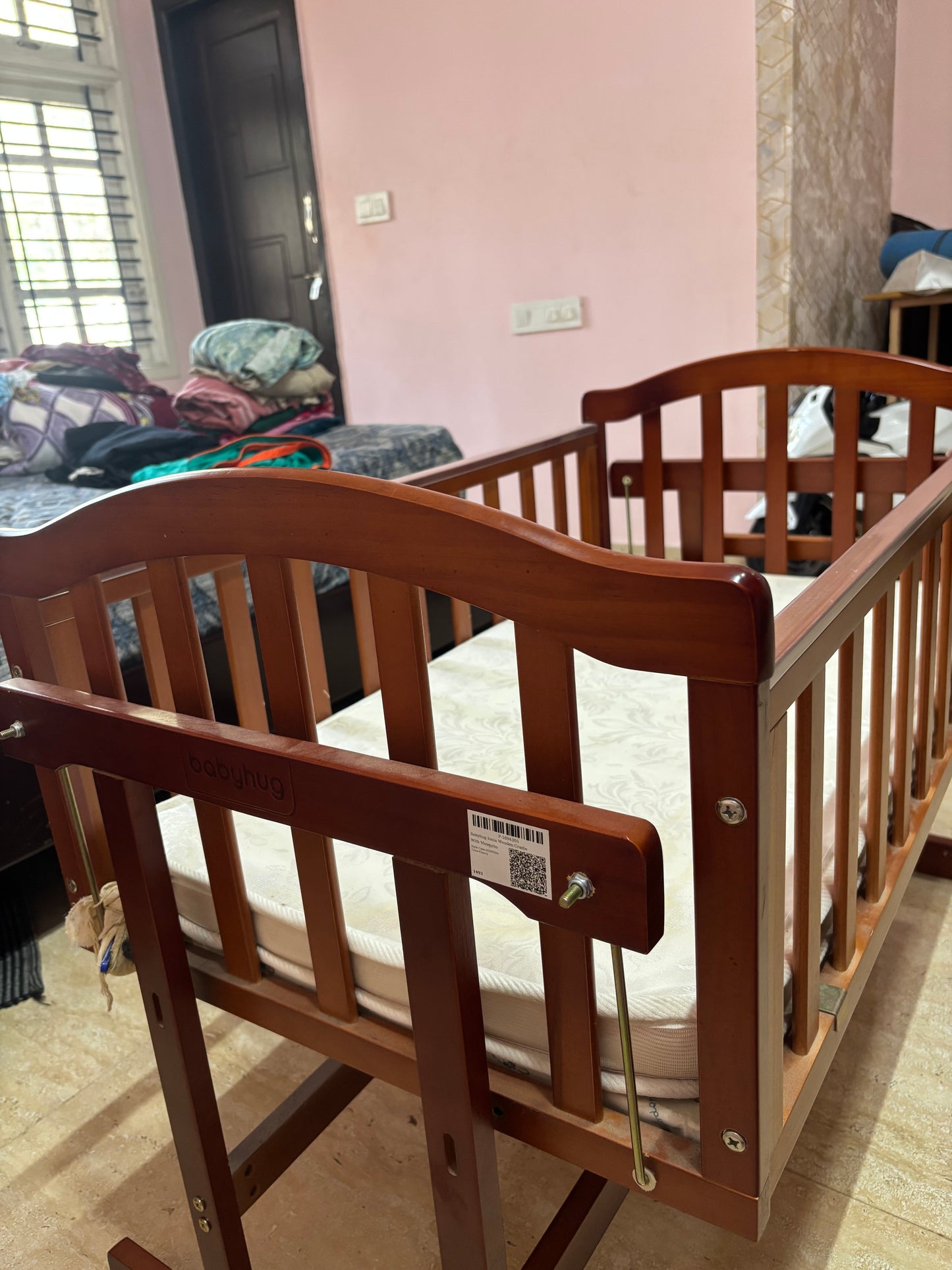 Babyhug Joy Plus Cradle with Mosquito Net Walnut| Solid Pinewood| Sturdy Construct| Easy to Assemble| Swing Lock with Mattress