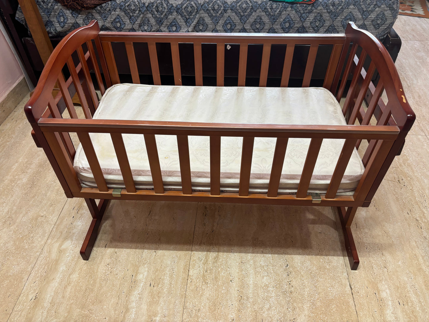 Babyhug Joy Plus Cradle with Mosquito Net Walnut| Solid Pinewood| Sturdy Construct| Easy to Assemble| Swing Lock with Mattress