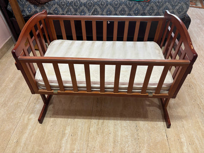 Babyhug Joy Plus Cradle with Mosquito Net Walnut| Solid Pinewood| Sturdy Construct| Easy to Assemble| Swing Lock with Mattress