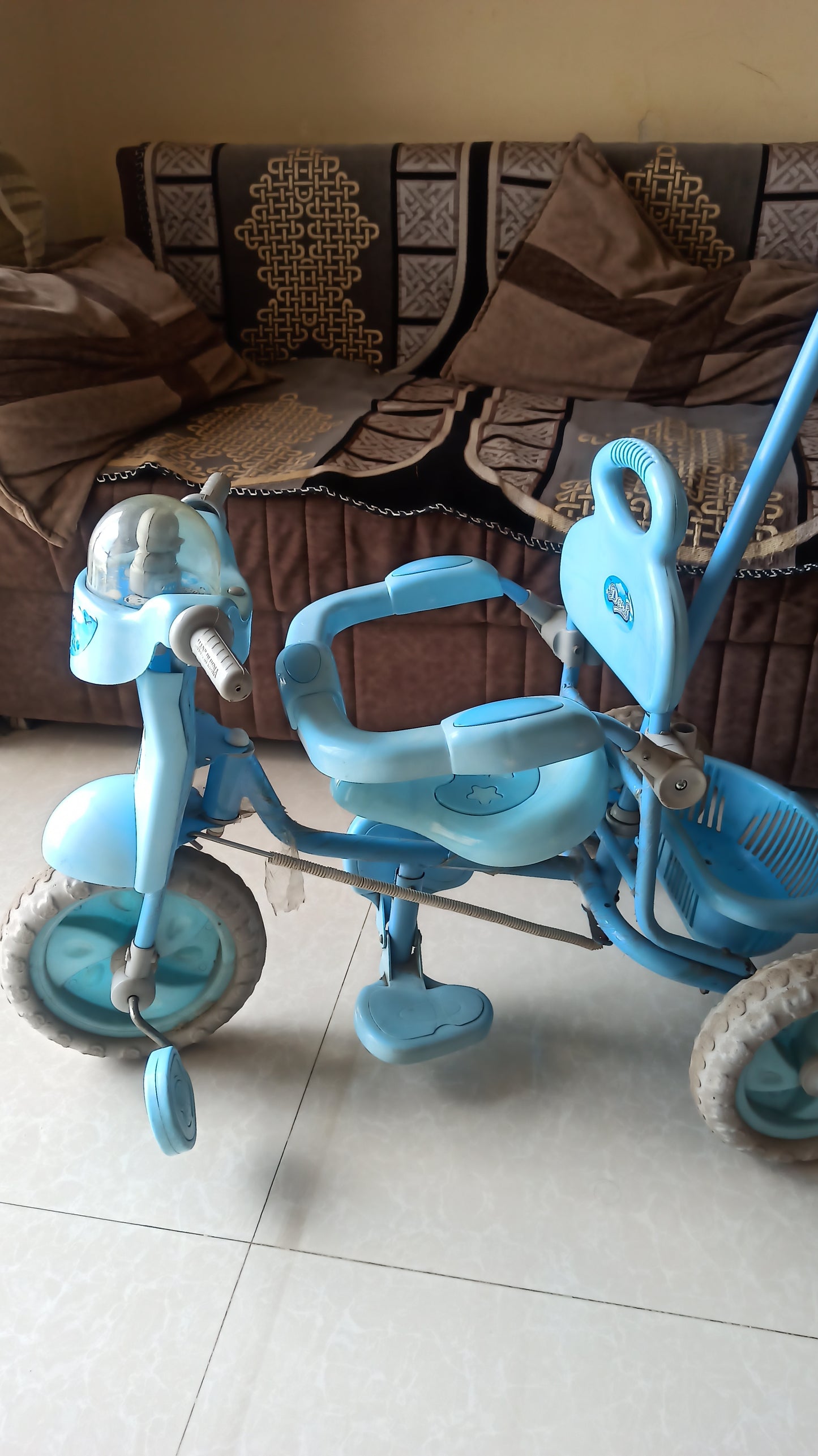 Musical Tricycle with Parental Handle, Storage Basket, Music and Lights, Safety Harness for Kids, and Capacity Upto 20 kg (1 to 4 Years, Blue)