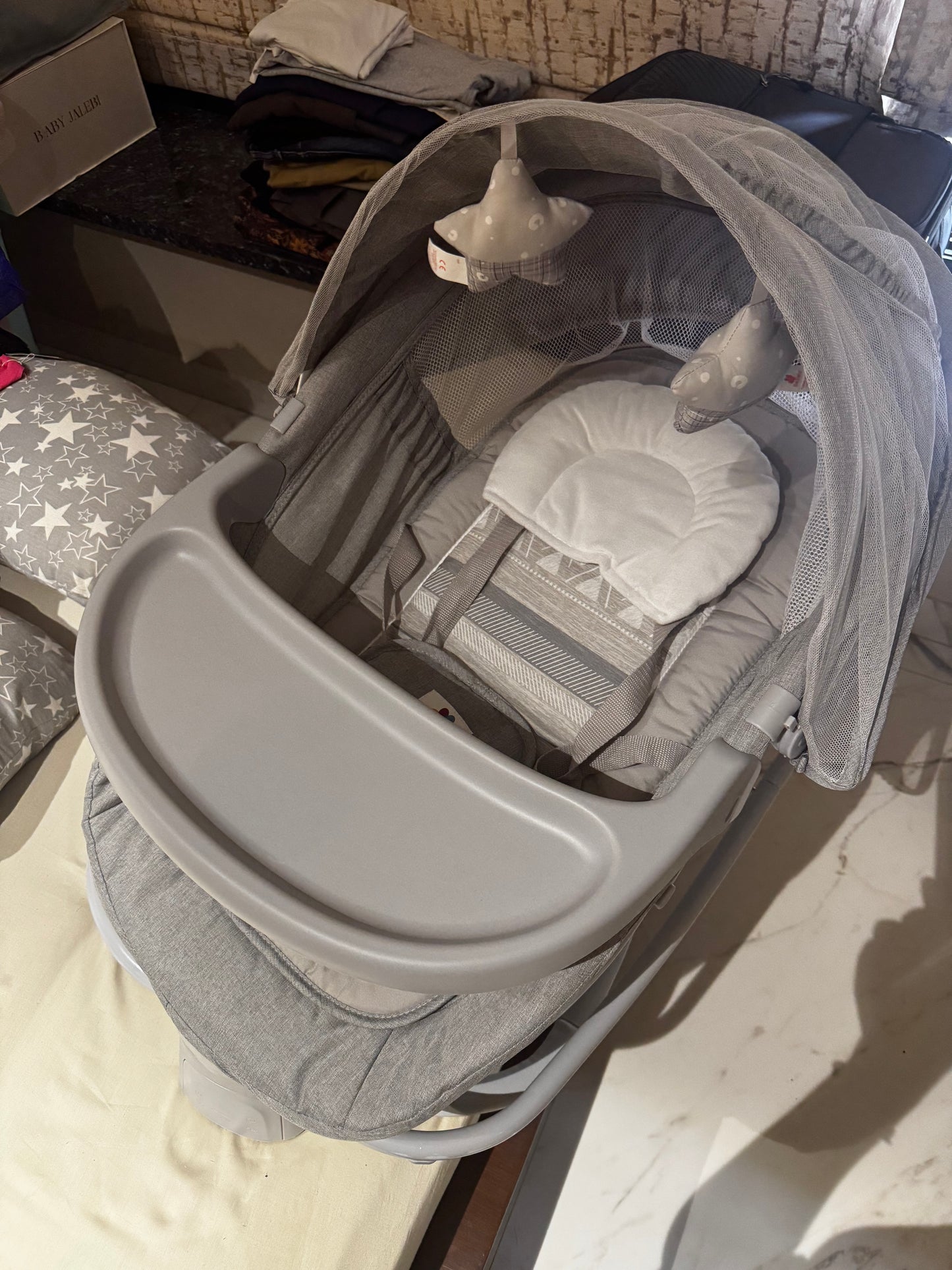 Premium Mastela 4 in 1 Swing Rocker Automatic for Newborn Baby 0 to 18 Month Girl & Boy with 4- Swing Modes, Detachable Tray, Backrest Adjustment Bassinet, Bluetooth Playback -Grey (Grey)