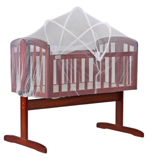 Babyhug Joy Plus Cradle with Mosquito Net Walnut| Solid Pinewood| Sturdy Construct| Easy to Assemble| Swing Lock with Mattress