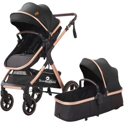 StarAndDaisy EasyGo Premium Baby Strollers Prams with Reversible Bassinet Design, High Landscape Seat, One-push Folding, Powerful Shock Absorption Wheels (Black with Golden Tubes)