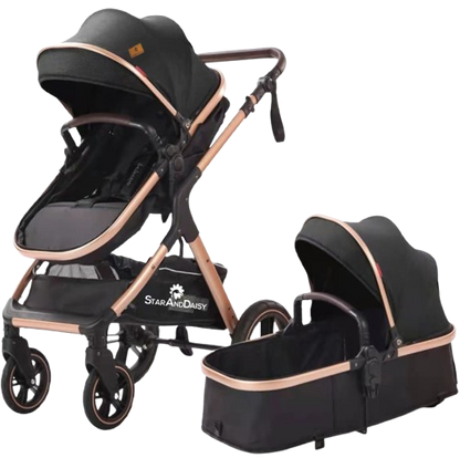 StarAndDaisy EasyGo Premium Baby Strollers Prams with Reversible Bassinet Design, High Landscape Seat, One-push Folding, Powerful Shock Absorption Wheels (Black with Golden Tubes)