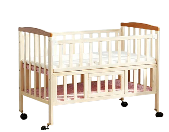 Furnifest Wooden Cot Crib with Mattress for 0 to 3 years - Beige| Wheels with Lock| Large Storage Space| Bed Height Adjustable | Openable Side Rail| Folding Headboard | Convert to Study Table | Attach to Parent Bed