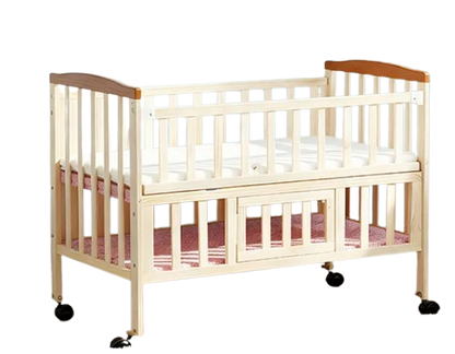 Furnifest Wooden Cot Crib with Mattress for 0 to 3 years - Beige| Wheels with Lock| Large Storage Space| Bed Height Adjustable | Openable Side Rail| Folding Headboard | Convert to Study Table | Attach to Parent Bed