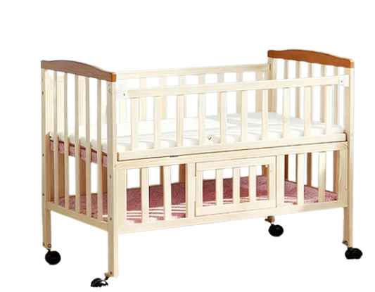 Furnifest Wooden Cot Crib with Mattress for 0 to 3 years - Beige| Wheels with Lock| Large Storage Space| Bed Height Adjustable | Openable Side Rail| Folding Headboard | Convert to Study Table | Attach to Parent Bed