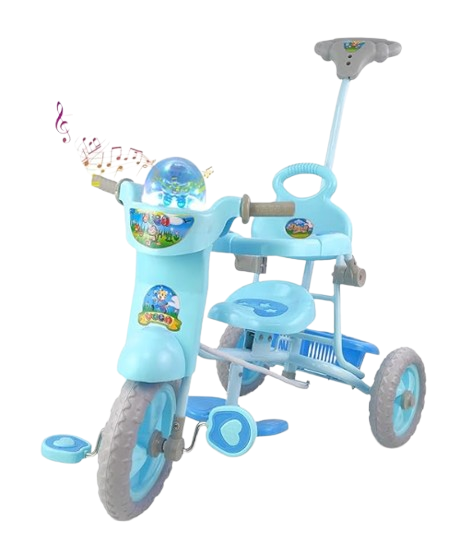 Musical Tricycle with Parental Handle, Storage Basket, Music and Lights, Safety Harness for Kids, and Capacity Upto 20 kg (1 to 4 Years, Blue)
