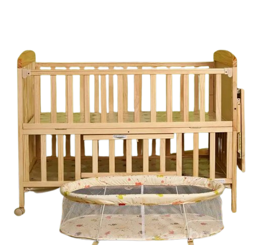 Babyhug Kelly Wooden Cot with Detachable Bassinet & Mosquito Net Natural| Adjustable Height| Wheels for Easy Movement| Easy to Assemble| Foldable Side Rail| Foldable Table| Storage Space