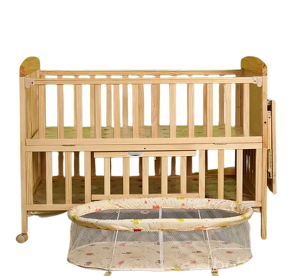 Babyhug Kelly Wooden Cot with Detachable Bassinet & Mosquito Net Natural| Adjustable Height| Wheels for Easy Movement| Easy to Assemble| Foldable Side Rail| Foldable Table| Storage Space
