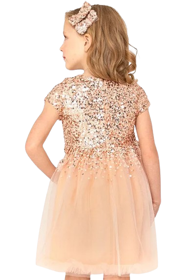 Cherry Crumble Girls Peach Embellished Glitter Party Dress