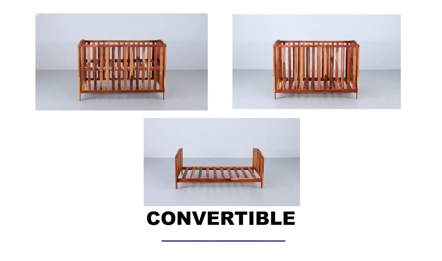 Wakefit 3-in-1 Baby Cot | 1 Year Warranty | Baby Crib, Wooden Cradle for Baby, 2-Level Height Adjustable - Megatron (Natural Sheesham, Crib Convertible to Kids' Bed)
