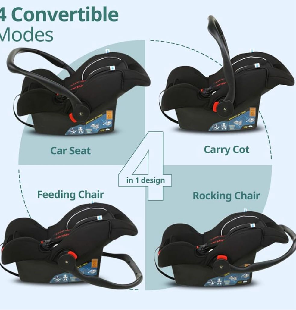 LuvLap 4-in-1 Infant/Baby Car Seat & Carry Cot with Canopy, Convertible Car seat, 5-Point Safety Harness, Rocking & Feeding Chair, Baby Carry Cot, 0 to 15 Months & Weight Upto 13 Kgs (Grey)