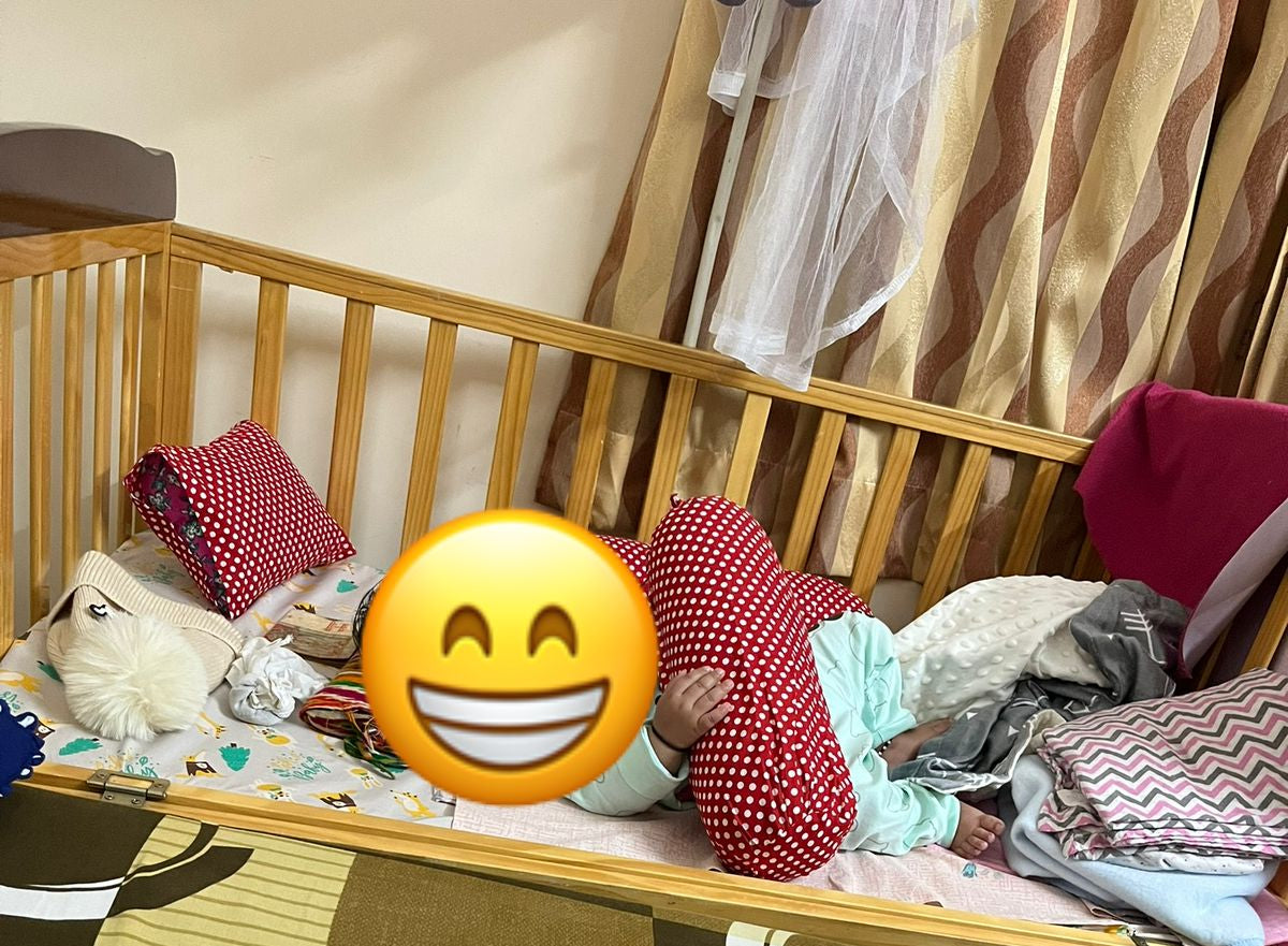 Furnifest Wooden Cot Crib with Mattress for 0 to 3 years - Beige| Wheels with Lock| Large Storage Space| Bed Height Adjustable | Openable Side Rail| Folding Headboard | Convert to Study Table | Attach to Parent Bed