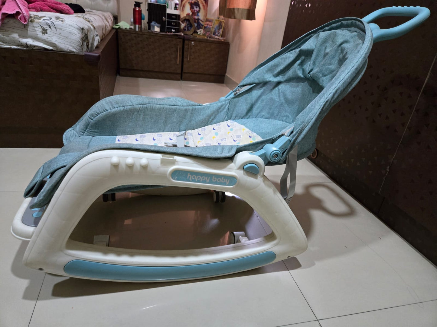 BAYBEE Baybee 5 in 1 Baby Rocker and Booster Seat for Babies with Multi Position Recline | Rocking Chair for Kids with Hanging Toys, Music | Baby Dining Seat (Blue)