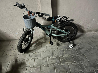 Light green Allwyn 16T or 20T kids' bicycle with training wheels and a front basket, Cycle