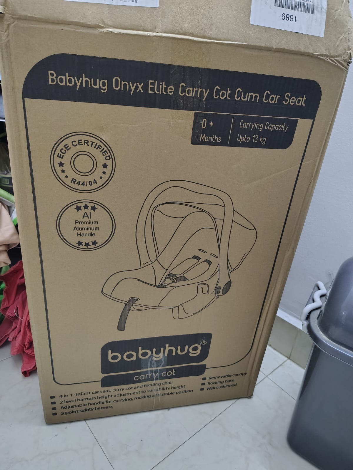 Babyhug Onyx Elite Car Seat cum Carry Cot with Rocking Base and aluminium handle - Grey & Pink