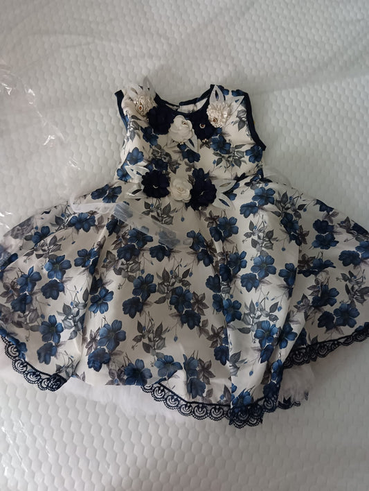 Elegant Floral Print Frock with 3D Flower Applique for Baby Girl