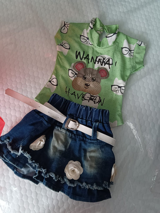 Trendy Jeans Skirt with Printed Tee for Baby Girl