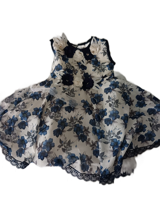 Elegant Floral Print Frock with 3D Flower Applique for Baby Girl