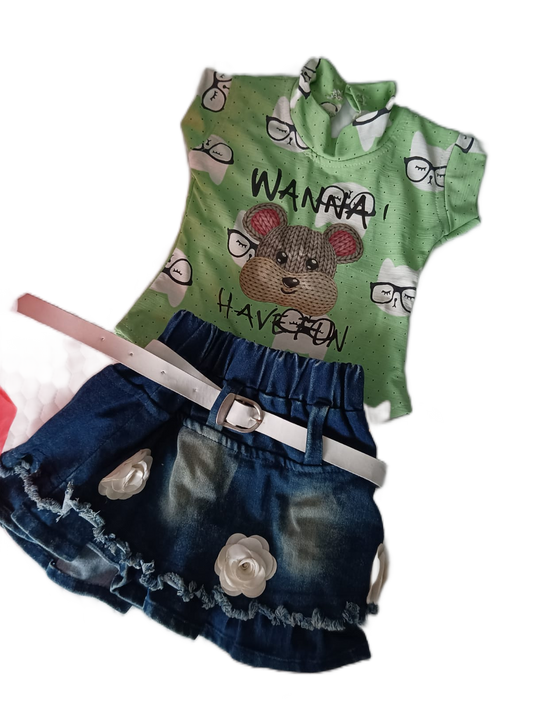 Trendy Jeans Skirt with Printed Tee for Baby Girl