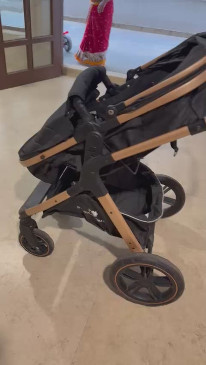StarAndDaisy EasyGo Premium Baby Strollers Prams with Reversible Bassinet Design, High Landscape Seat, One-push Folding, Powerful Shock Absorption Wheels (Black with Golden Tubes)