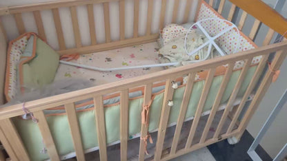 Babyhug Kelly Wooden Cot with Detachable Bassinet & Mosquito Net Natural| Adjustable Height| Wheels for Easy Movement| Easy to Assemble| Foldable Side Rail| Foldable Table| Storage Space