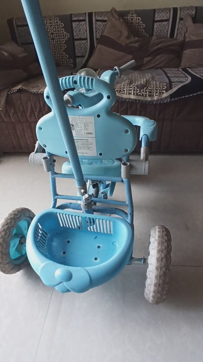 Musical Tricycle with Parental Handle, Storage Basket, Music and Lights, Safety Harness for Kids, and Capacity Upto 20 kg (1 to 4 Years, Blue)